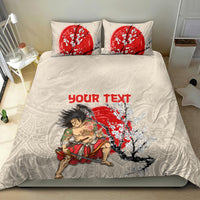 Beige duvet cover with two pillows; red cherry blossom and samurai design, “Your Text”
