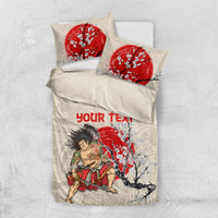 Beige bedding set: red cherry blossom and samurai print on duvet, two matching pillows