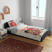 Beige bedding set on bed with red cherry blossom and samurai graphic plus “Your Text”
