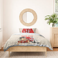Beige duvet and pillow set with red cherry blossom and samurai artwork, “Your Text”