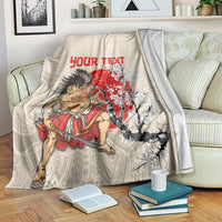 Beige personalized blanket with samurai warrior, red “Your Text”, and cherry blossom art