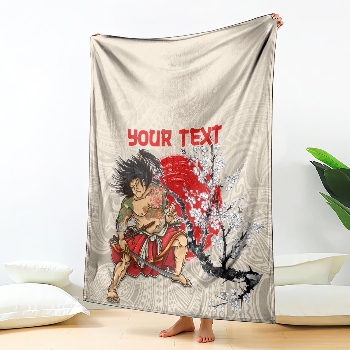 Beige personalized blanket hanging display with samurai warrior, red “Your Text”, cherry blossoms