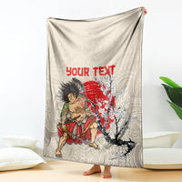 Beige personalized blanket hanging display with samurai warrior, red “Your Text”, cherry blossoms