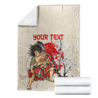 Beige folded personalized blanket set with samurai warrior, red “Your Text”, and blossom tree