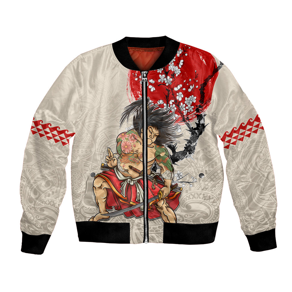 Beige bomber jacket with red samurai artwork and black ribbed collar, cuffs, hem