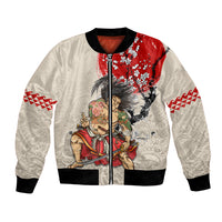 Beige bomber jacket with red samurai artwork and black ribbed collar, cuffs, hem
