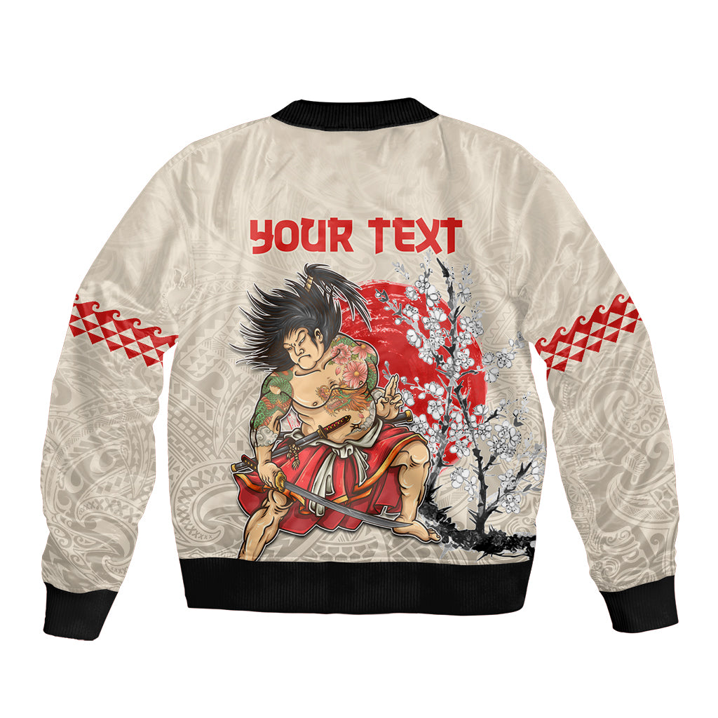 Beige bomber jacket with red samurai graphic and back 'YOUR TEXT', black ribbed hem