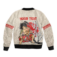 Beige bomber jacket with red samurai graphic and back 'YOUR TEXT', black ribbed hem