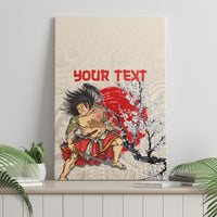 Beige canvas wall art with samurai and red wave, white blossoms, 'YOUR TEXT' placeholder