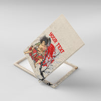 Beige canvas wall art, tilted view of samurai scene with red splash and white blossoms