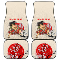 Beige personalized car mats with samurai warrior and red cherry blossom artwork, pair view