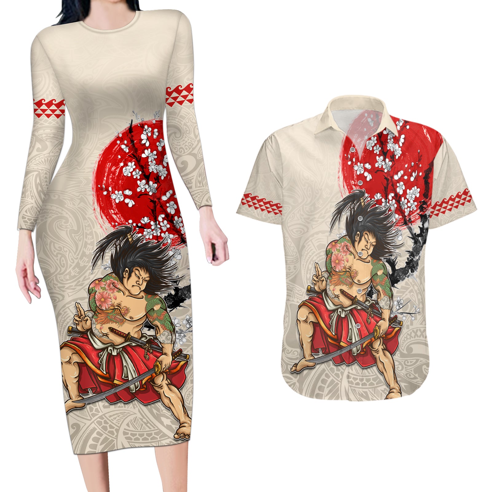 Personalised Japanese Culture Hawaii Style Couples Matching Long Sleeve Bodycon Dress and Hawaiian Shirt Japanese Samurai with Hawaiian Pattern - Wonder Print Shop