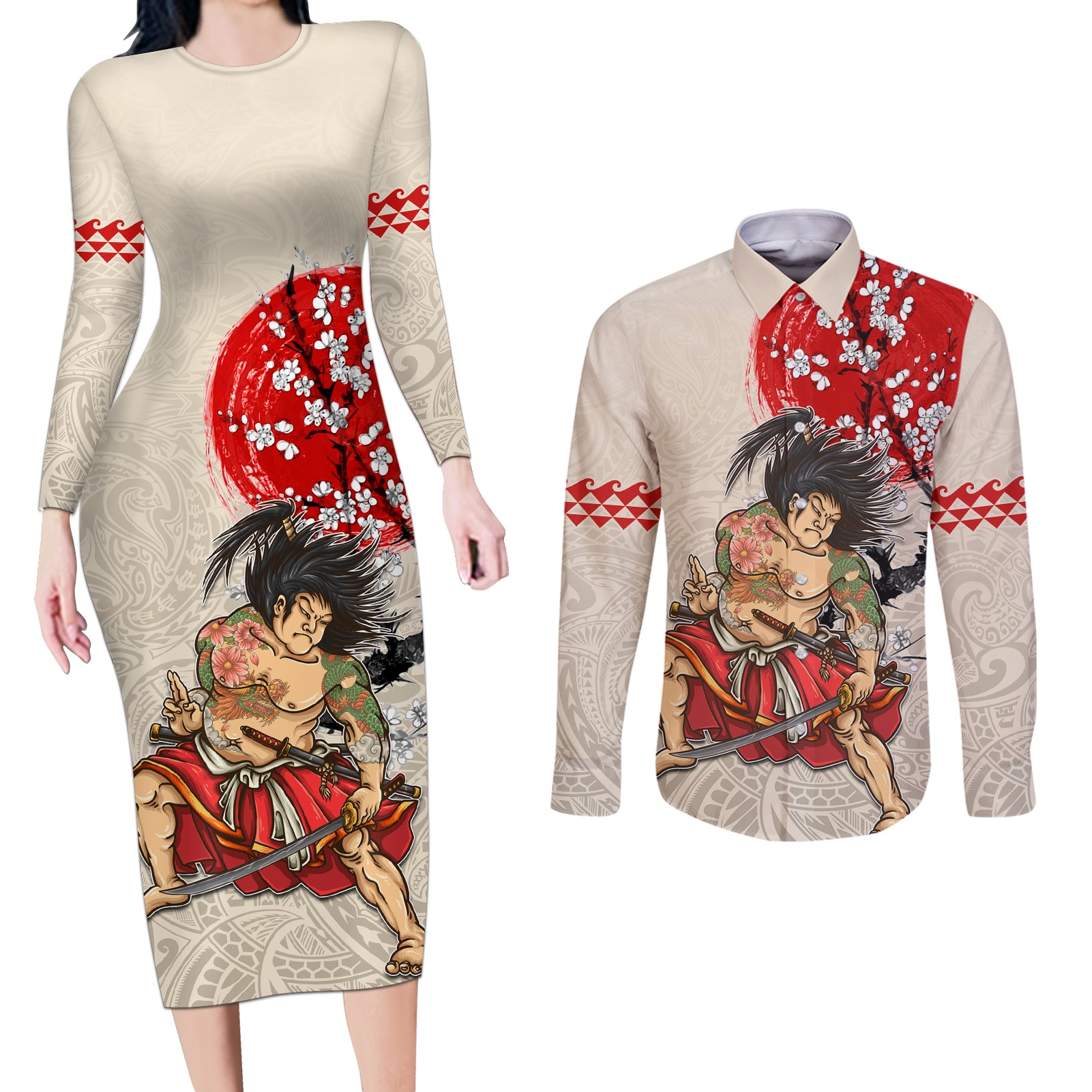 Personalised Japanese Culture Hawaii Style Couples Matching Long Sleeve Bodycon Dress and Long Sleeve Button Shirt Japanese Samurai with Hawaiian Pattern - Wonder Print Shop