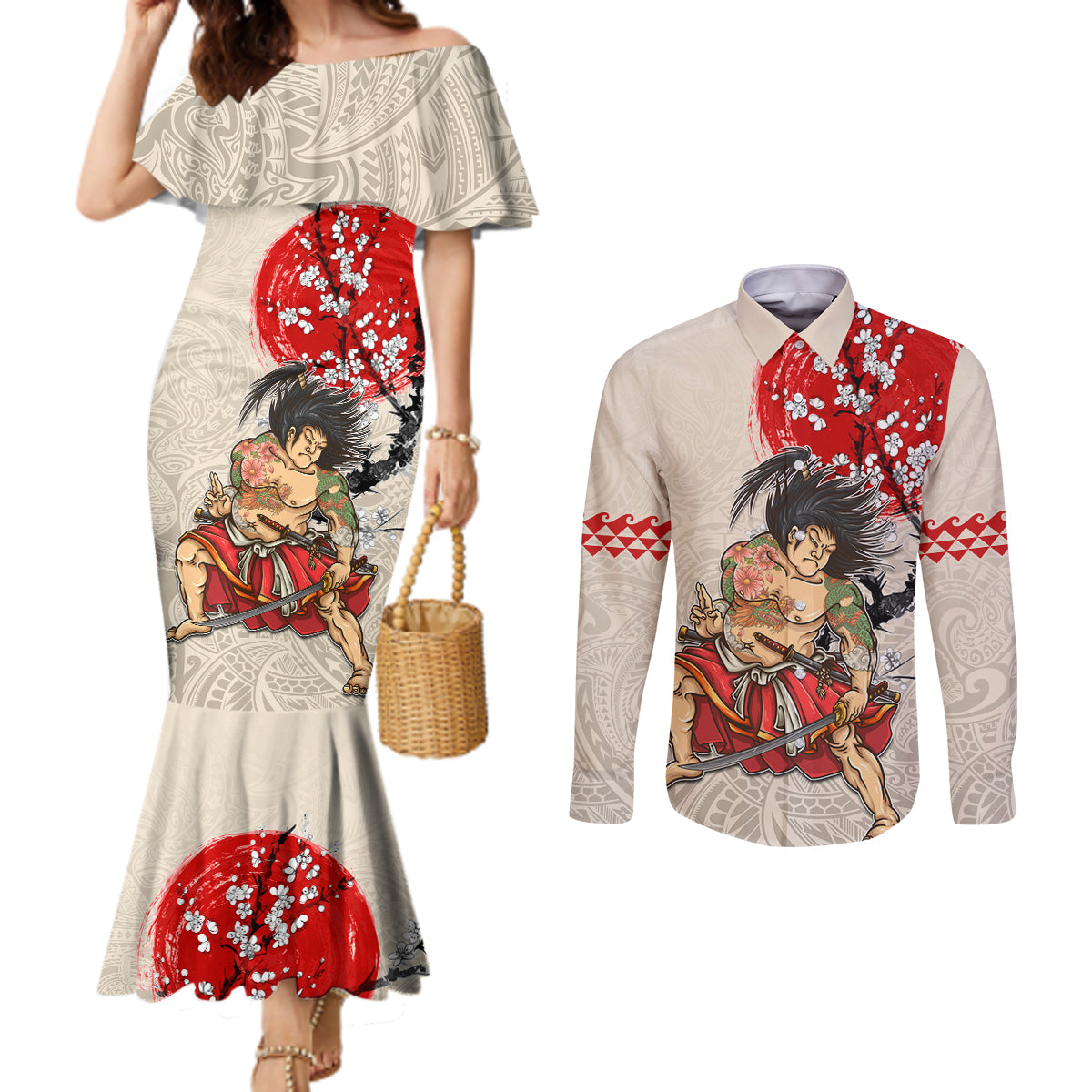 Personalised Pan-Pacific Festival Couples Matching Mermaid Dress and Long Sleeve Button Shirt Japanese Samurai with Hawaiian Pattern