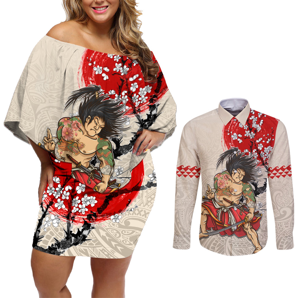 Personalised Japanese Culture Hawaii Style Couples Matching Off Shoulder Short Dress and Long Sleeve Button Shirt Japanese Samurai with Hawaiian Pattern - Wonder Print Shop