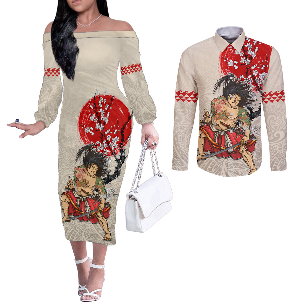 Personalised Pan-Pacific Festival Couples Matching Off The Shoulder Long Sleeve Dress and Long Sleeve Button Shirt Japanese Samurai with Hawaiian Pattern