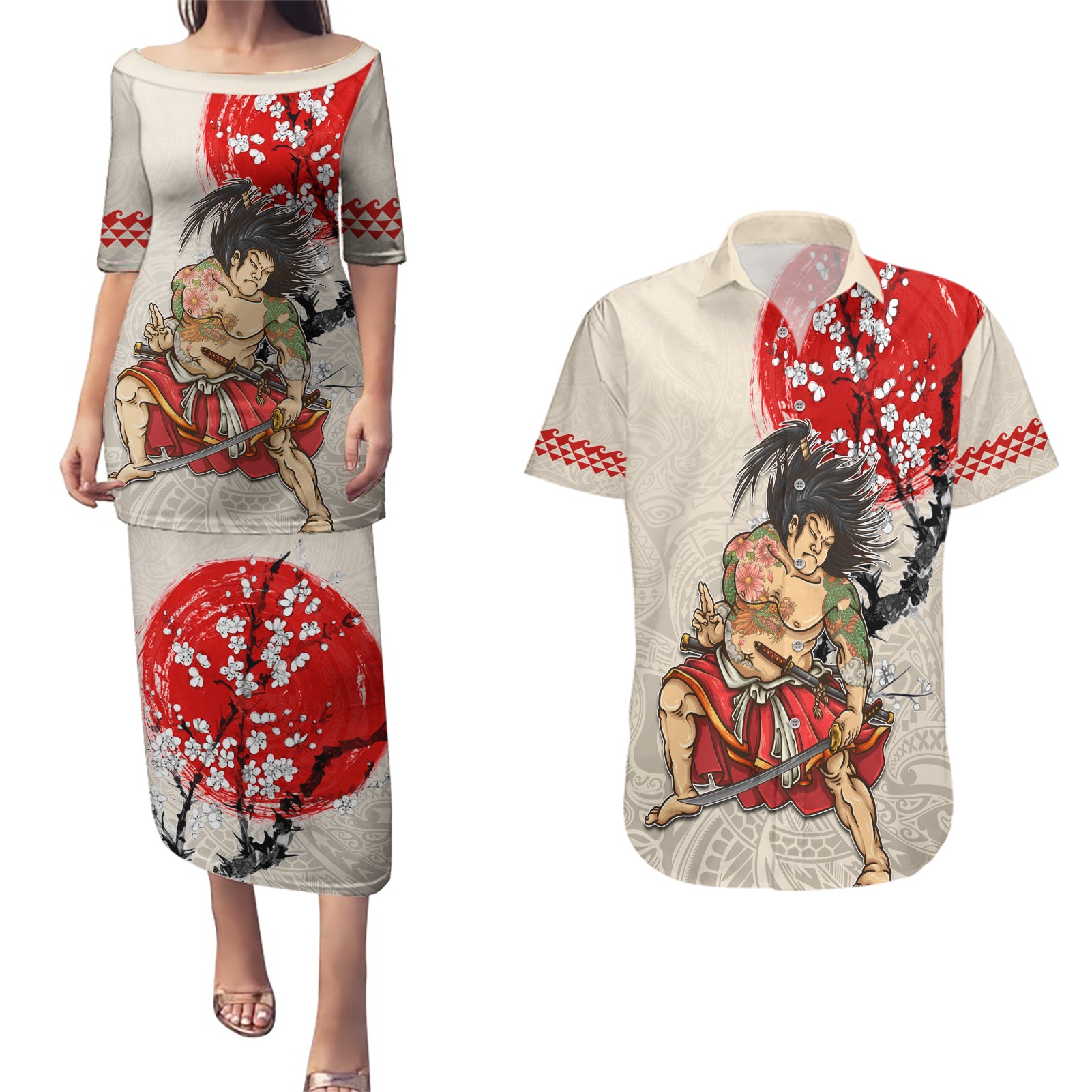 Personalised Japanese Culture Hawaii Style Couples Matching Puletasi and Hawaiian Shirt Japanese Samurai with Hawaiian Pattern - Wonder Print Shop