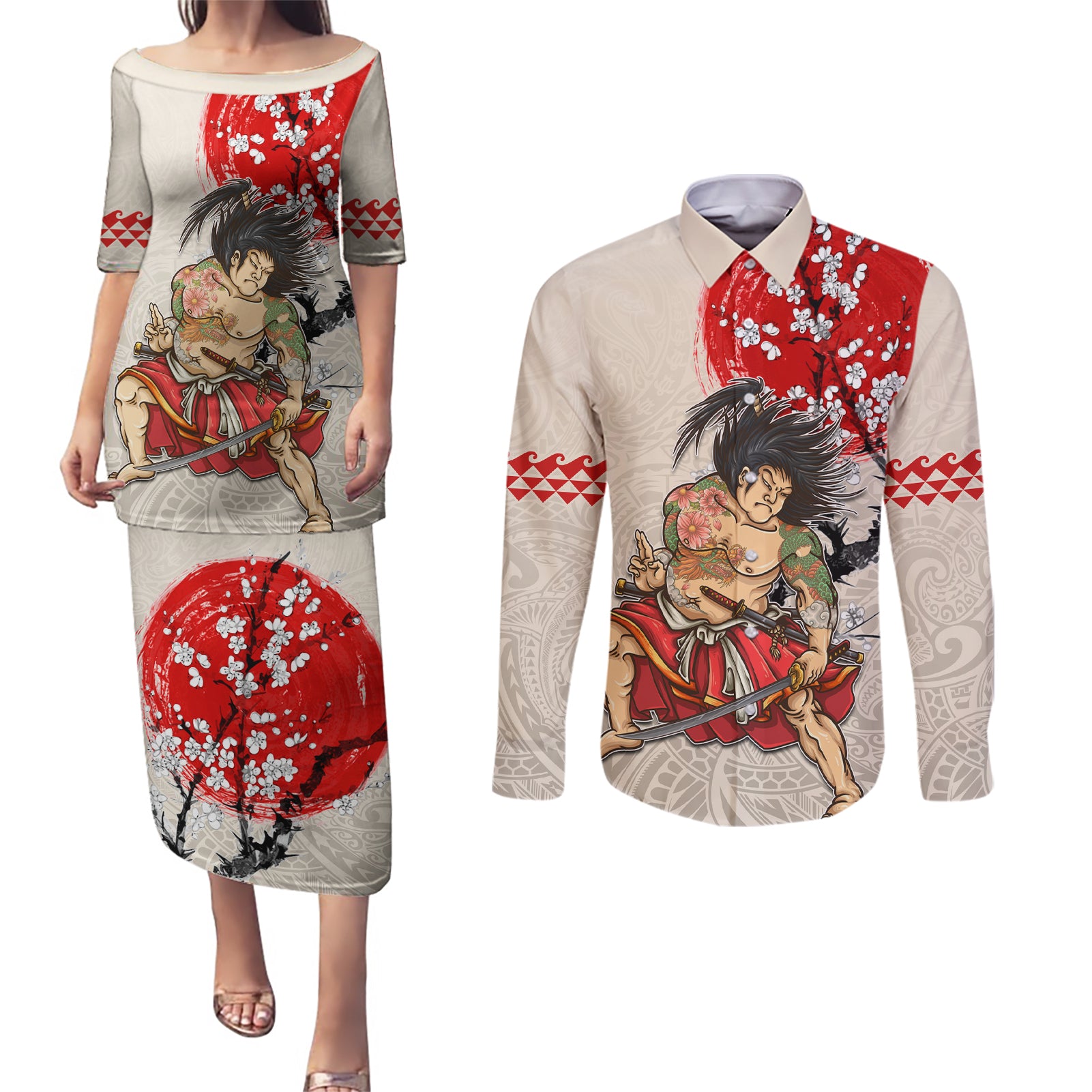 Personalised Japanese Culture Hawaii Style Couples Matching Puletasi and Long Sleeve Button Shirt Japanese Samurai with Hawaiian Pattern - Wonder Print Shop