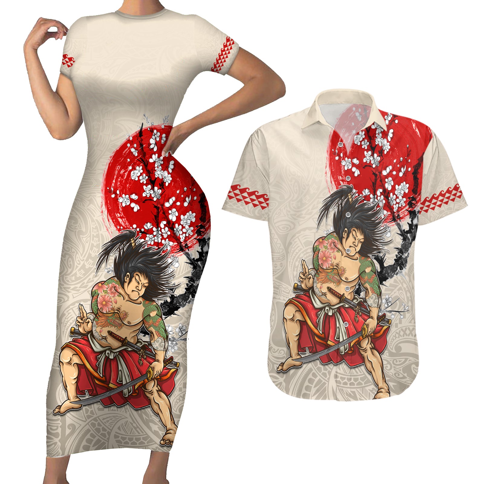 Personalised Japanese Culture Hawaii Style Couples Matching Short Sleeve Bodycon Dress and Hawaiian Shirt Japanese Samurai with Hawaiian Pattern - Wonder Print Shop