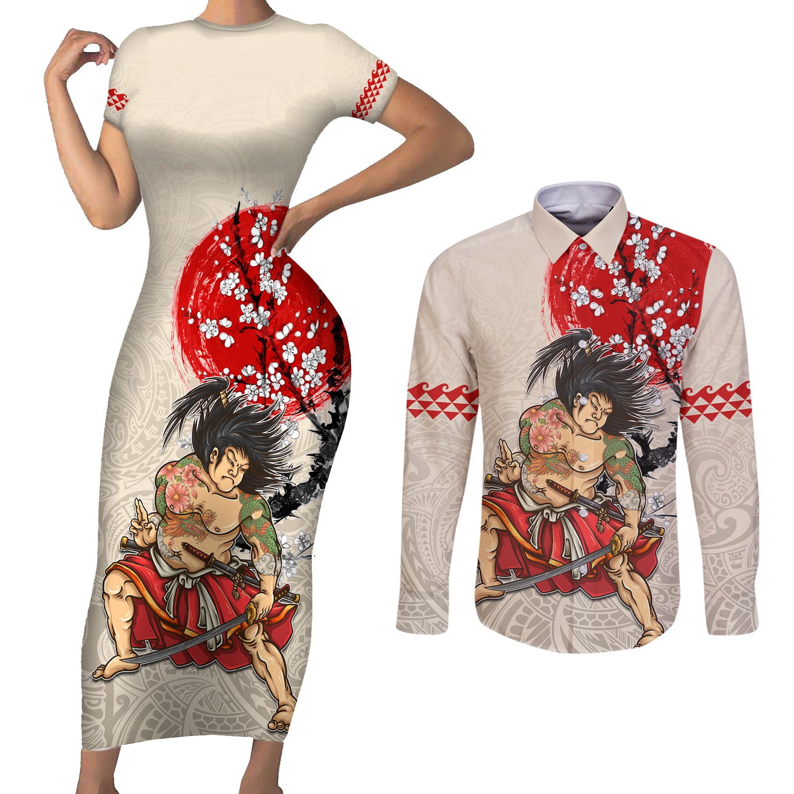 Personalised Japanese Culture Hawaii Style Couples Matching Short Sleeve Bodycon Dress and Long Sleeve Button Shirt Japanese Samurai with Hawaiian Pattern - Wonder Print Shop