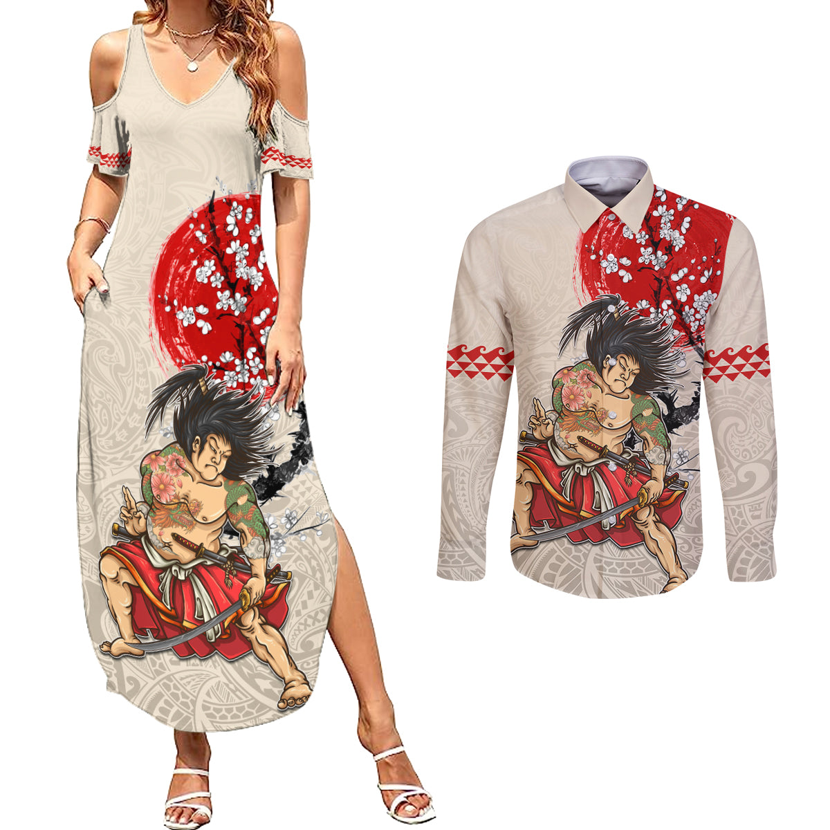 Personalised Japanese Culture Hawaii Style Couples Matching Summer Maxi Dress and Long Sleeve Button Shirt Japanese Samurai with Hawaiian Pattern - Wonder Print Shop