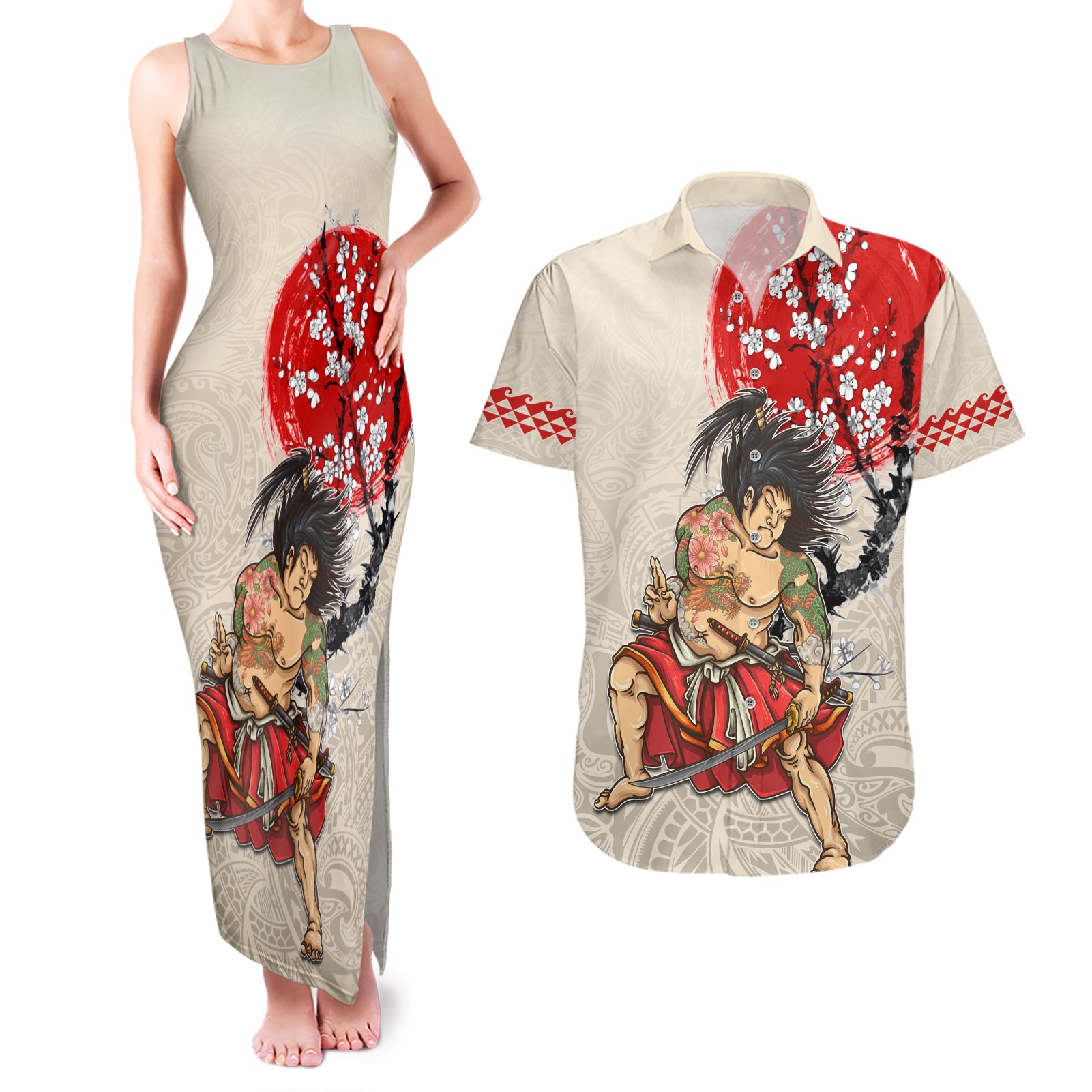 Personalised Japanese Culture Hawaii Style Couples Matching Tank Maxi Dress and Hawaiian Shirt Japanese Samurai with Hawaiian Pattern - Wonder Print Shop