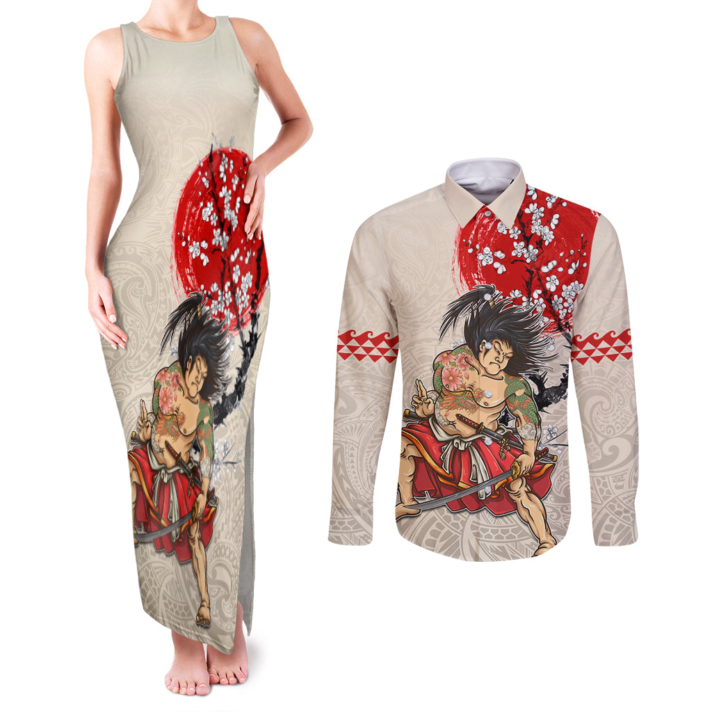 Personalised Japanese Culture Hawaii Style Couples Matching Tank Maxi Dress and Long Sleeve Button Shirt Japanese Samurai with Hawaiian Pattern - Wonder Print Shop