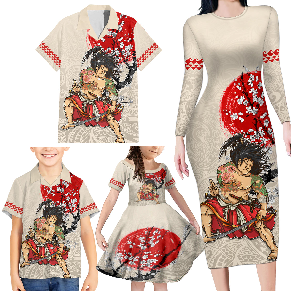 Personalised Japanese Culture Hawaii Style Family Matching Long Sleeve Bodycon Dress and Hawaiian Shirt Japanese Samurai with Hawaiian Pattern - Wonder Print Shop