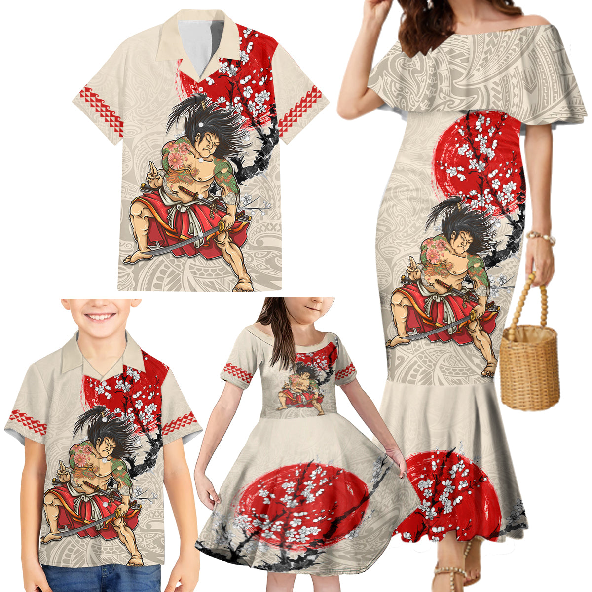 Personalised Japanese Culture Hawaii Style Family Matching Mermaid Dress and Hawaiian Shirt Japanese Samurai with Hawaiian Pattern - Wonder Print Shop