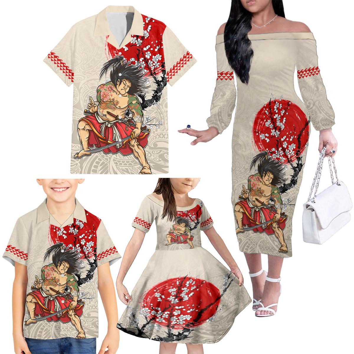 Personalised Japanese Culture Hawaii Style Family Matching Off The Shoulder Long Sleeve Dress and Hawaiian Shirt Japanese Samurai with Hawaiian Pattern - Wonder Print Shop