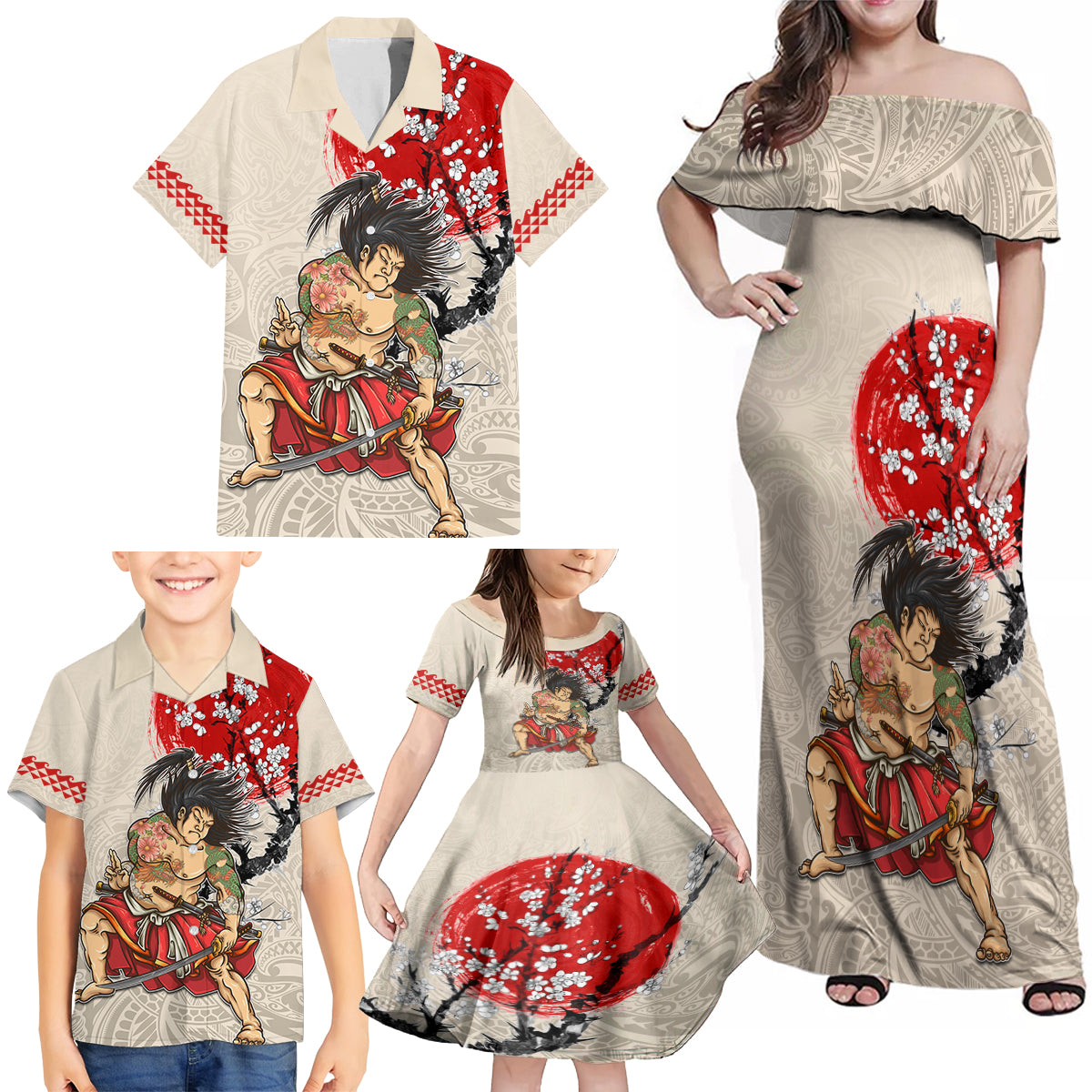 Personalised Japanese Culture Hawaii Style Family Matching Off Shoulder Maxi Dress and Hawaiian Shirt Japanese Samurai with Hawaiian Pattern - Wonder Print Shop