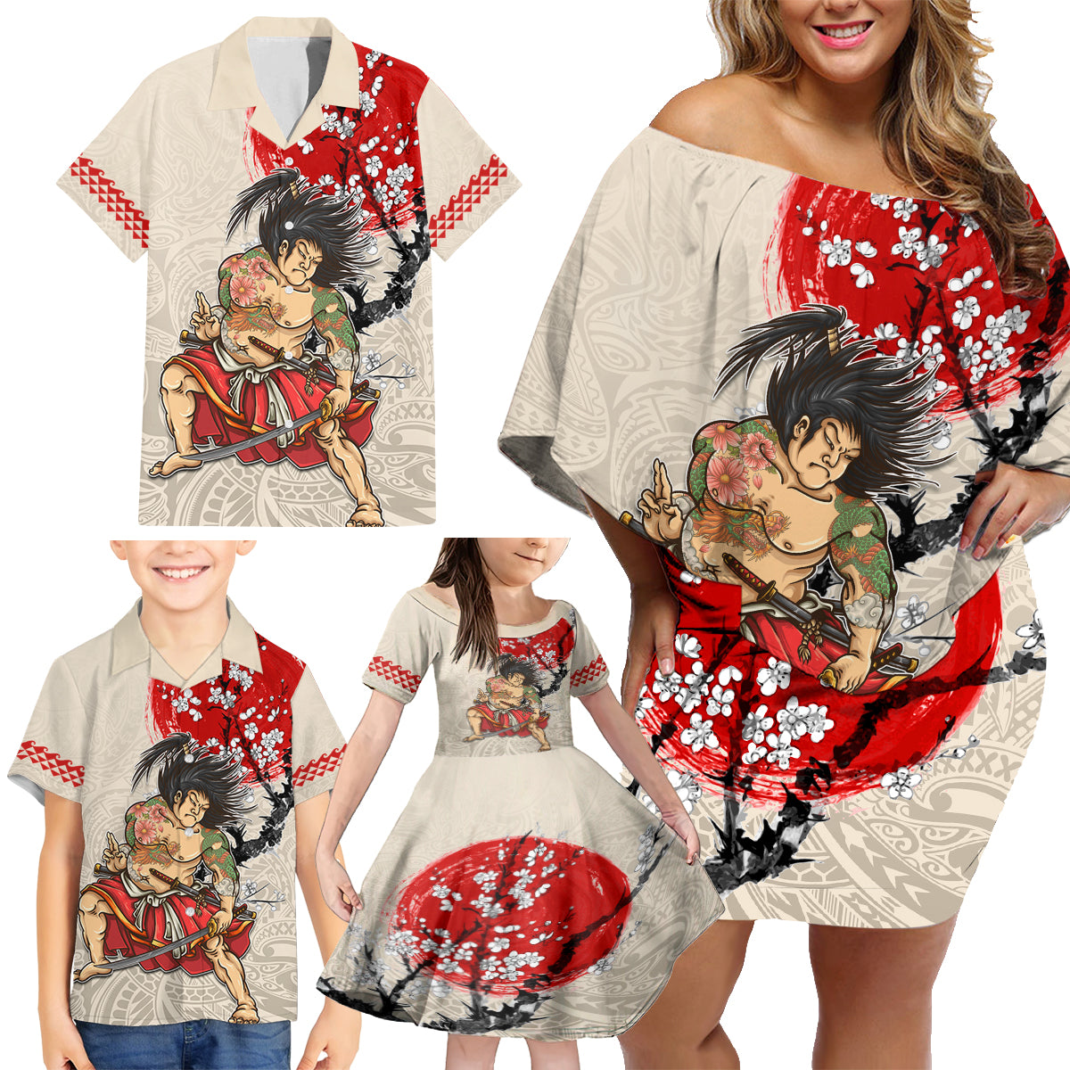 Personalised Japanese Culture Hawaii Style Family Matching Off Shoulder Short Dress and Hawaiian Shirt Japanese Samurai with Hawaiian Pattern - Wonder Print Shop