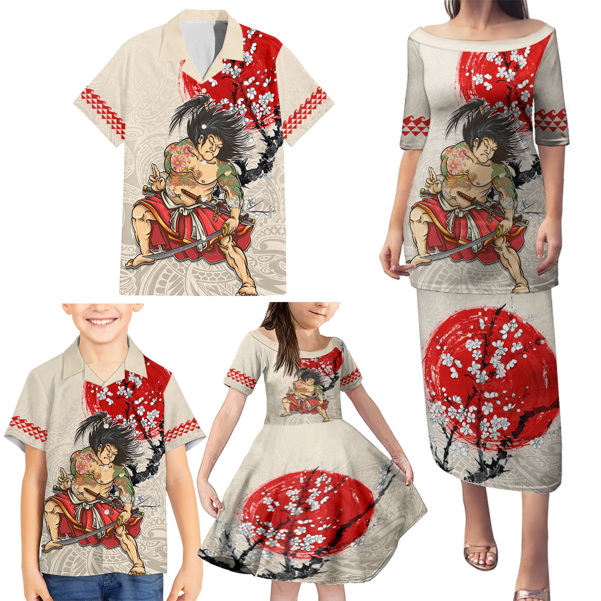 Personalised Japanese Culture Hawaii Style Family Matching Puletasi and Hawaiian Shirt Japanese Samurai with Hawaiian Pattern - Wonder Print Shop