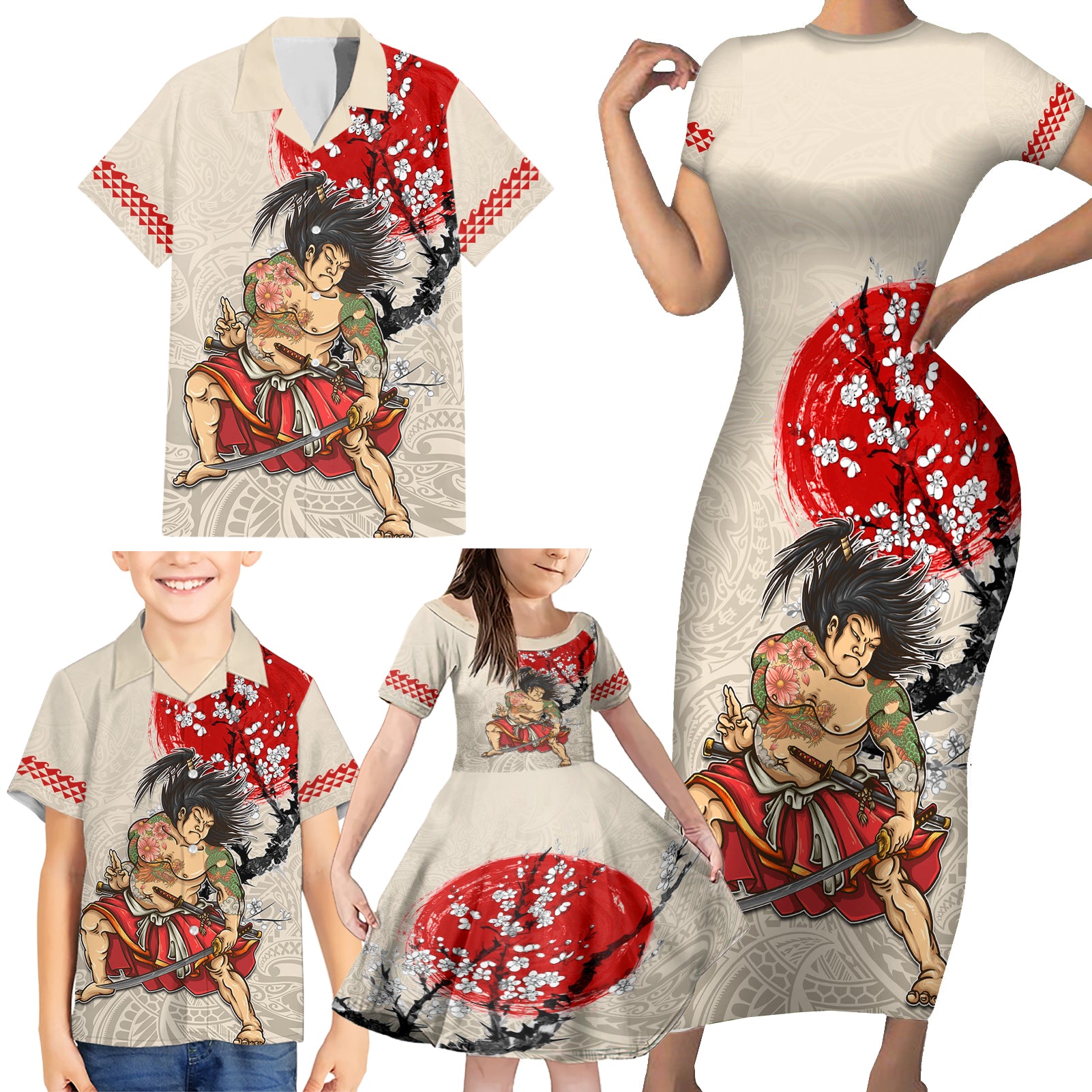 Personalised Japanese Culture Hawaii Style Family Matching Short Sleeve Bodycon Dress and Hawaiian Shirt Japanese Samurai with Hawaiian Pattern - Wonder Print Shop