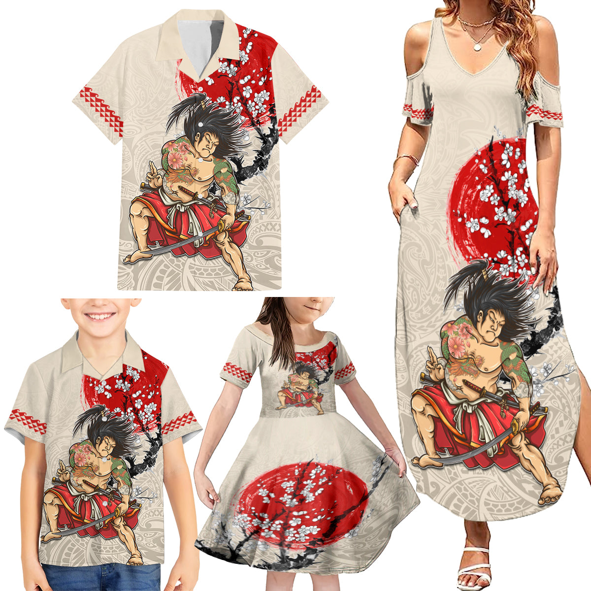 Personalised Japanese Culture Hawaii Style Family Matching Summer Maxi Dress and Hawaiian Shirt Japanese Samurai with Hawaiian Pattern - Wonder Print Shop