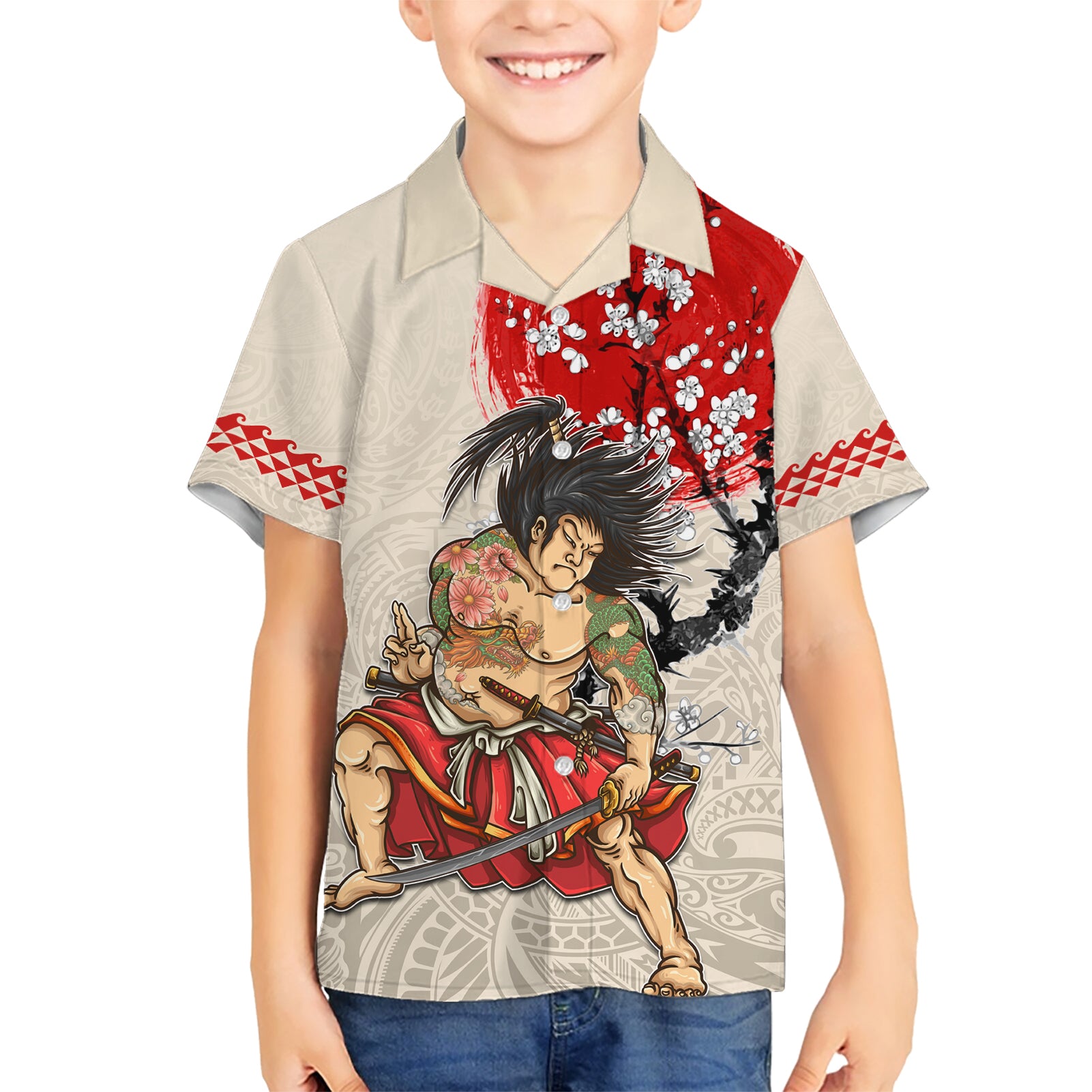 Personalised Japanese Culture Hawaii Style Kid Hawaiian Shirt Japanese Samurai with Hawaiian Pattern - Wonder Print Shop