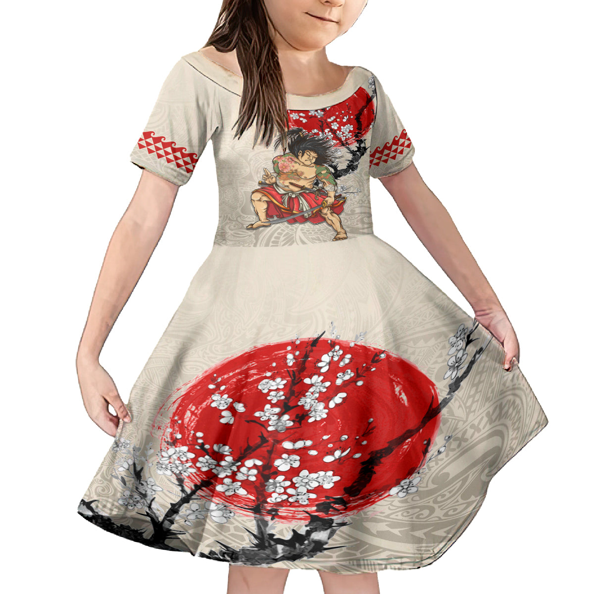 Personalised Japanese Culture Hawaii Style Kid Short Sleeve Dress Japanese Samurai with Hawaiian Pattern - Wonder Print Shop