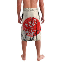 Beige lavalava shorts, red cherry blossom tree scene with samurai-style artwork