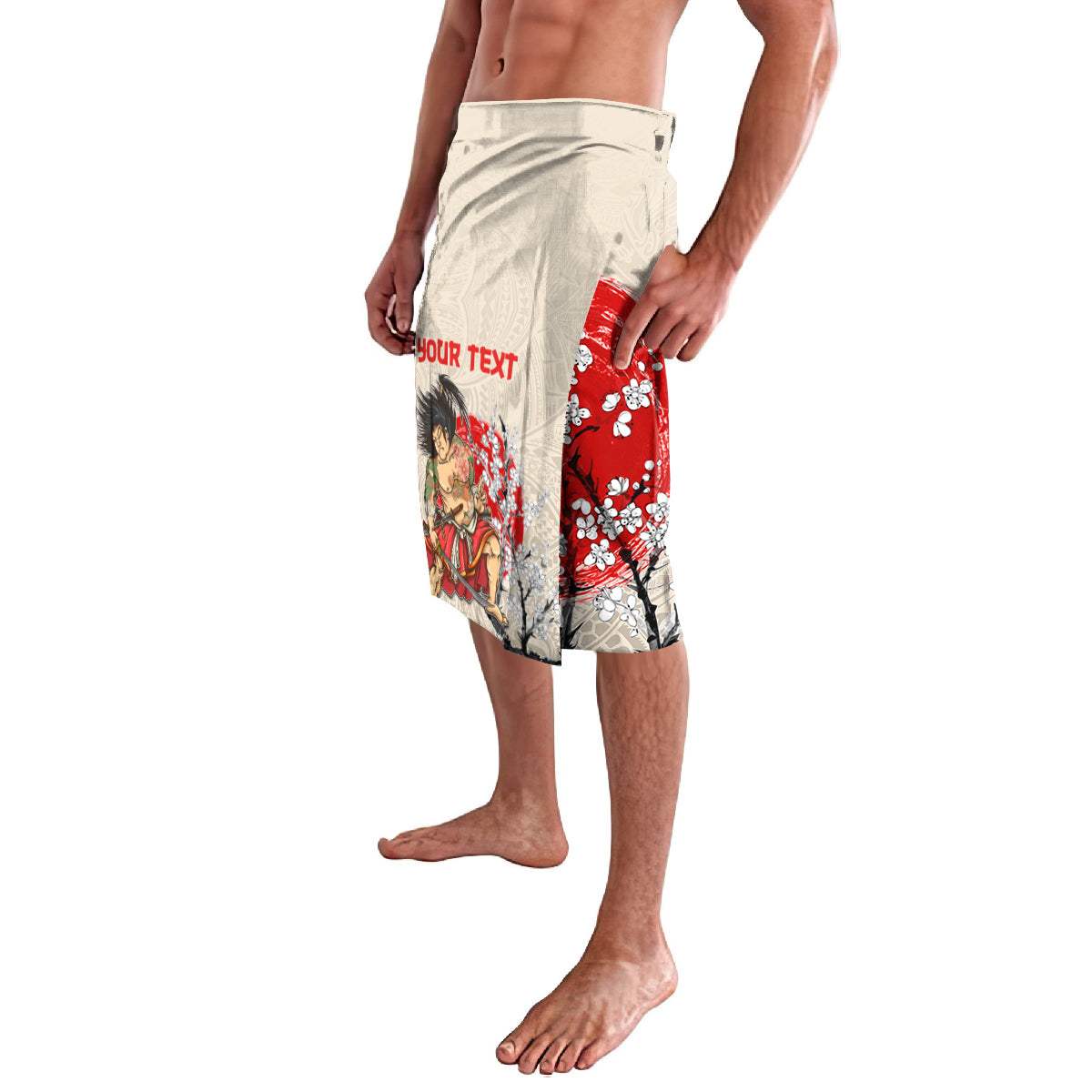 Beige lavalava shorts with red cherry blossoms and samurai portrait on side