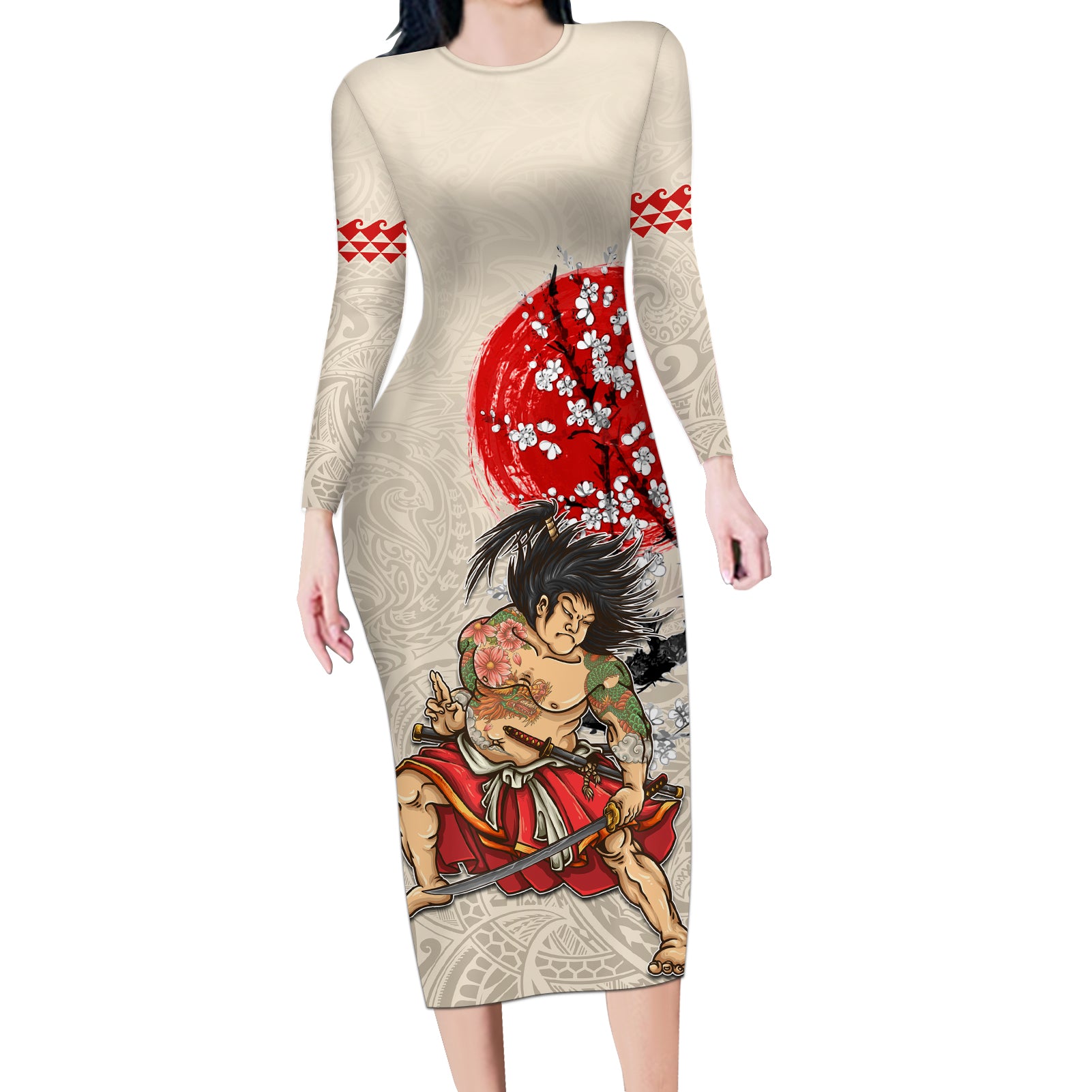 Personalised Japanese Culture Hawaii Style Long Sleeve Bodycon Dress Japanese Samurai with Hawaiian Pattern - Wonder Print Shop