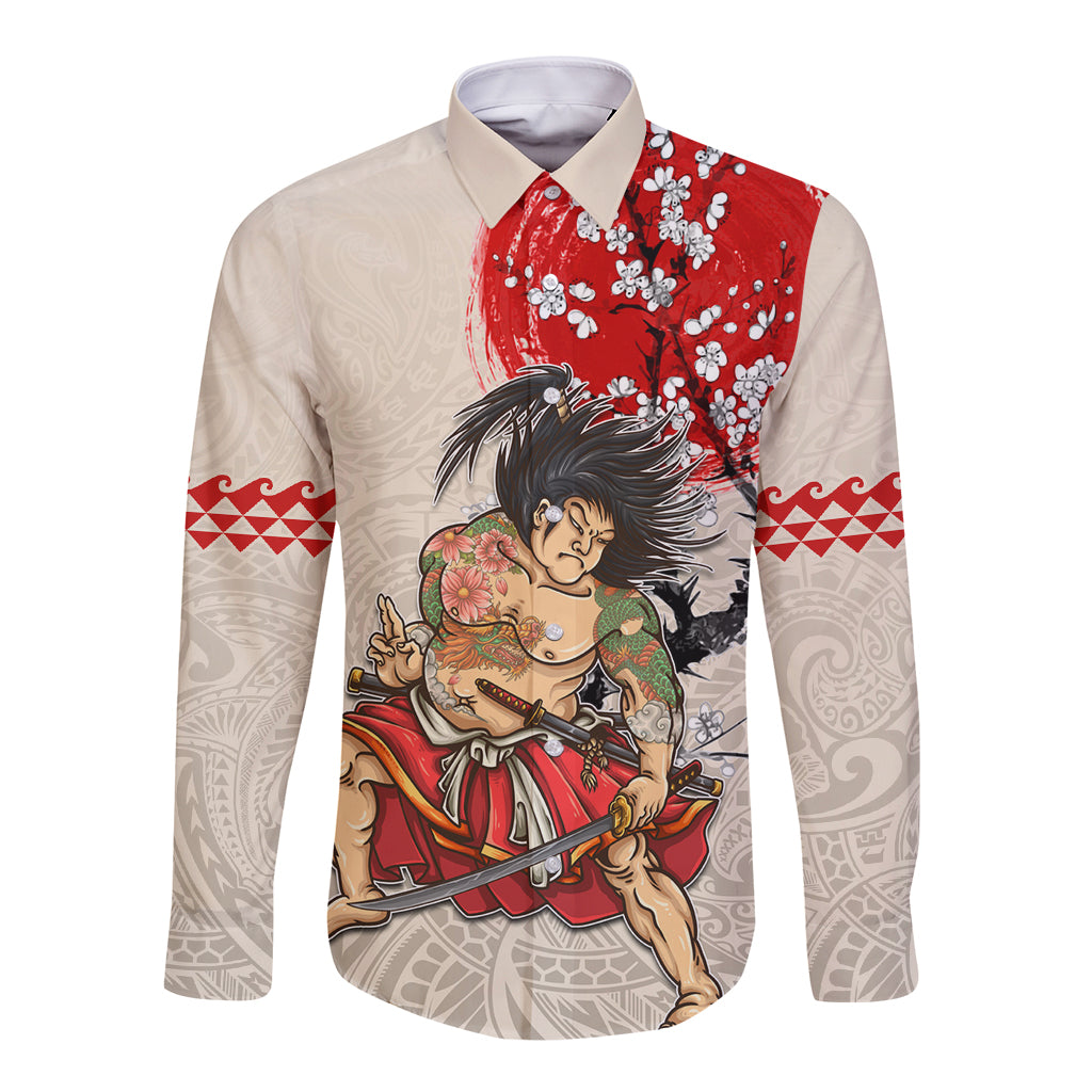 Beige long-sleeve button shirt with red samurai front print and patterned sleeves