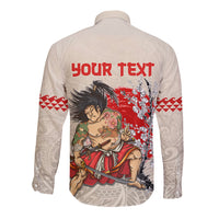 Beige long-sleeve button shirt, back shows 'YOUR TEXT' over red samurai print
