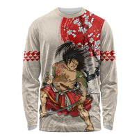 Beige long-sleeve shirt with red blossom samurai graphic and Hawaiian pattern sleeves