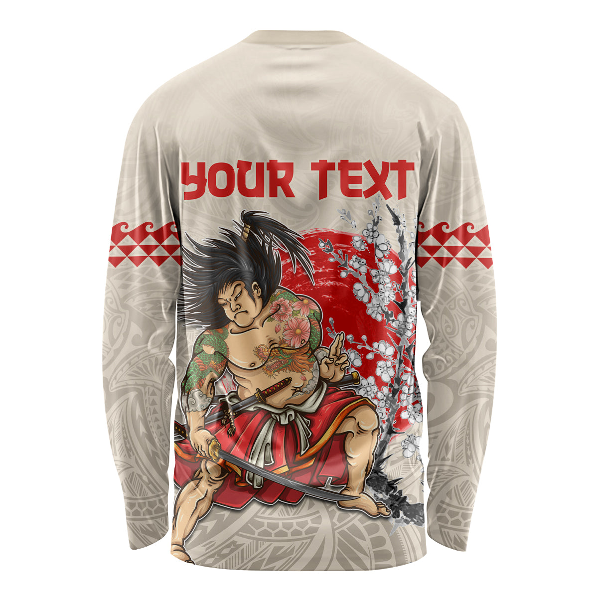 Beige long-sleeve shirt back with red 'YOUR TEXT' and samurai Hawaiian print