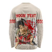 Beige long-sleeve shirt back with red 'YOUR TEXT' and samurai Hawaiian print