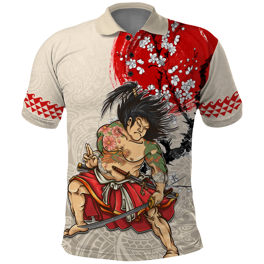 Personalised Japanese Culture Hawaii Style Polo Shirt Japanese Samurai with Hawaiian Pattern - Wonder Print Shop