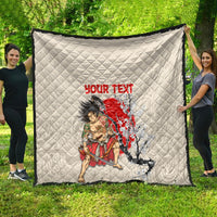 Beige quilt with diamond quilting, red “YOUR TEXT” and samurai figure with cherry tree.