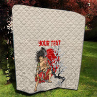 Beige quilt blanket with diamond stitching, red “YOUR TEXT” over samurai and cherry blossoms.