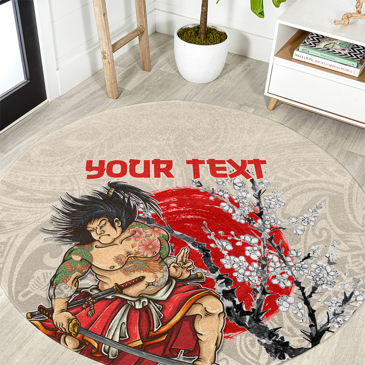 Beige round rug with red “YOUR TEXT” over samurai and cherry blossom branches