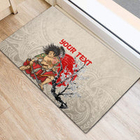 Beige rubber doormat featuring samurai art, red “YOUR TEXT”, and swirling patterns